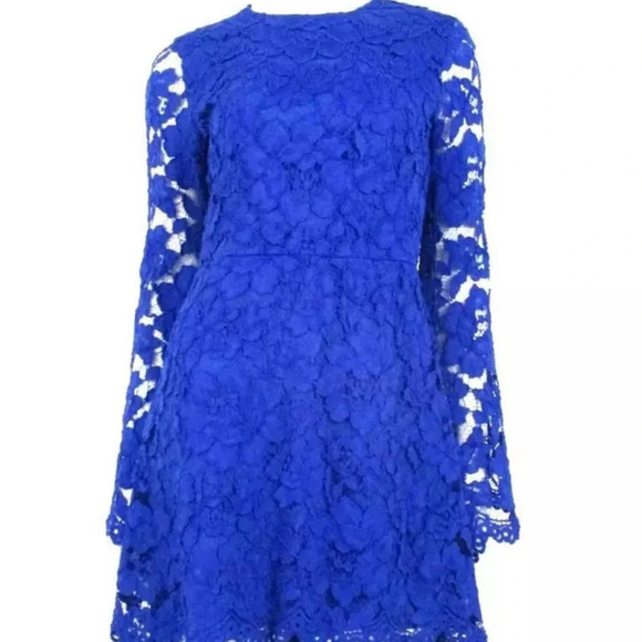 ALEXIS BLUE LACE ELONGATED BELL SLEEVE A-LINE MINI DRESS SZ.S - Picture 2 of 10
